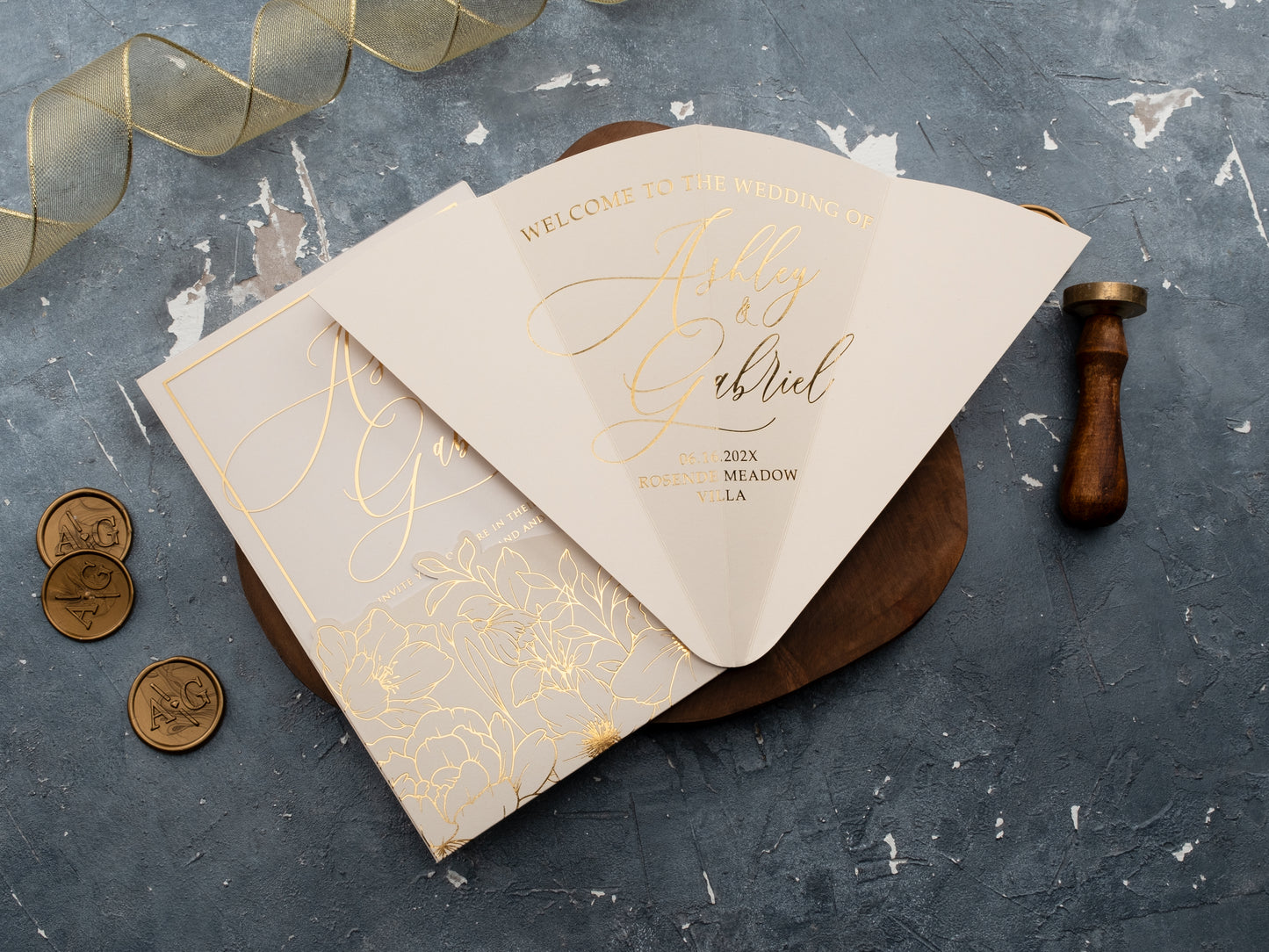 Gold foil printed acrylic invite with matching cream details

