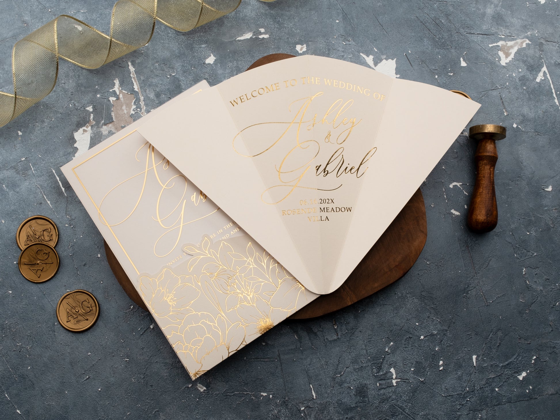 Gold foil printed acrylic invite with matching cream details

