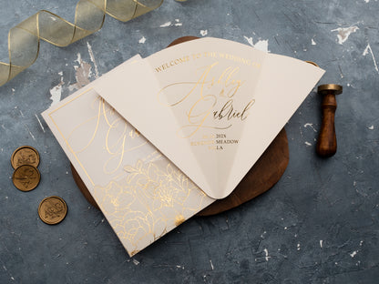 Gold foil printed acrylic invite with matching cream details

