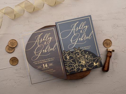 Black acrylic wedding invitation with gold foil and floral jacket