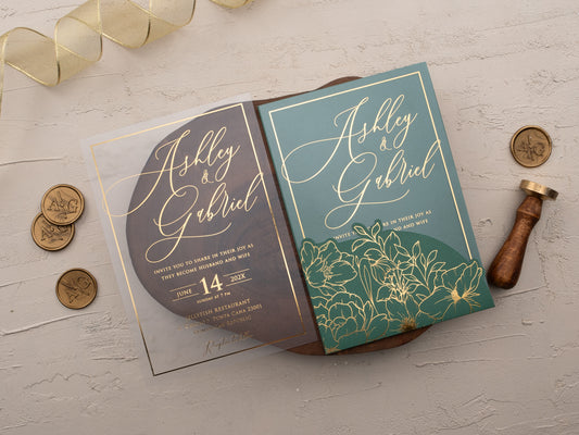 Emerald green acrylic wedding invitation with gold foil and floral sleeve

