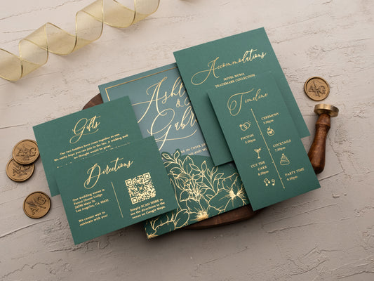 Gold foil printed acrylic card in green sleeve envelope

