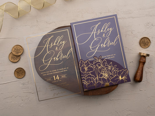 Purple & Gold Floral Acrylic Wedding Invitation | Sleeve Envelope Set