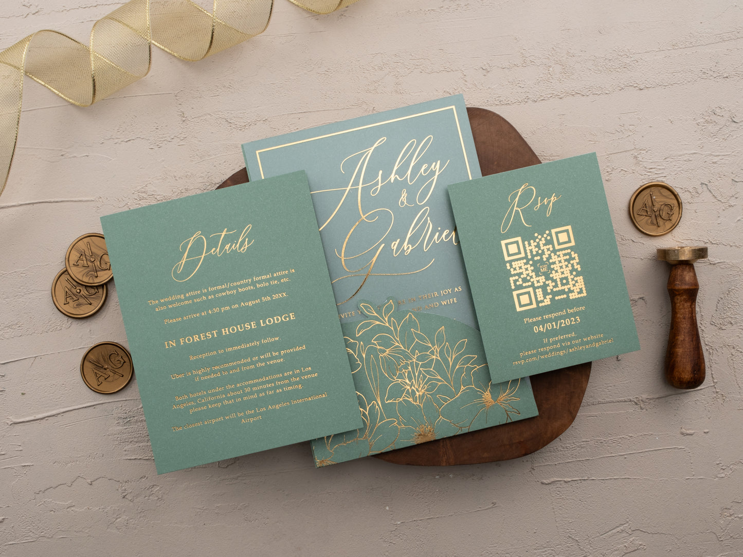 Acrylic wedding invitation with gold foil floral design and matching sage envelope sleeve with QR Rsvp and Details Card