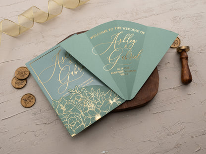Acrylic wedding invitation with gold foil floral design and matching sage envelope and Hand Fan