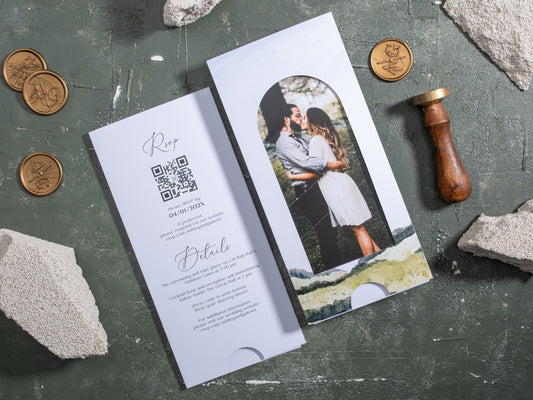 personalized wedding invitation with RSVP and details card