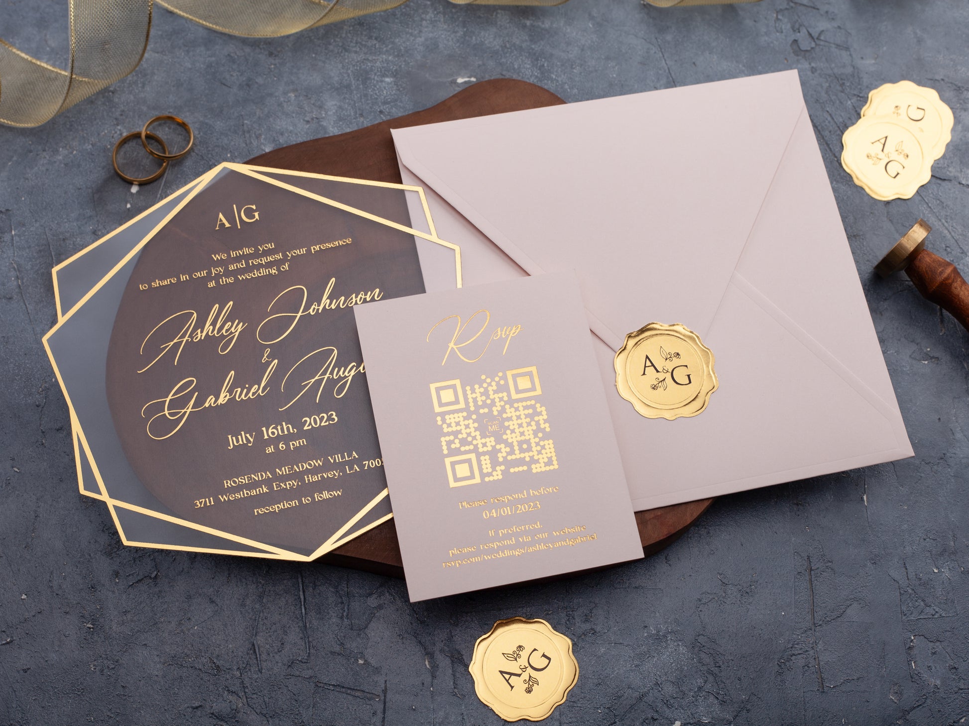 Wedding Invitations with Gold Foil Invites, Blush Pink Envelope