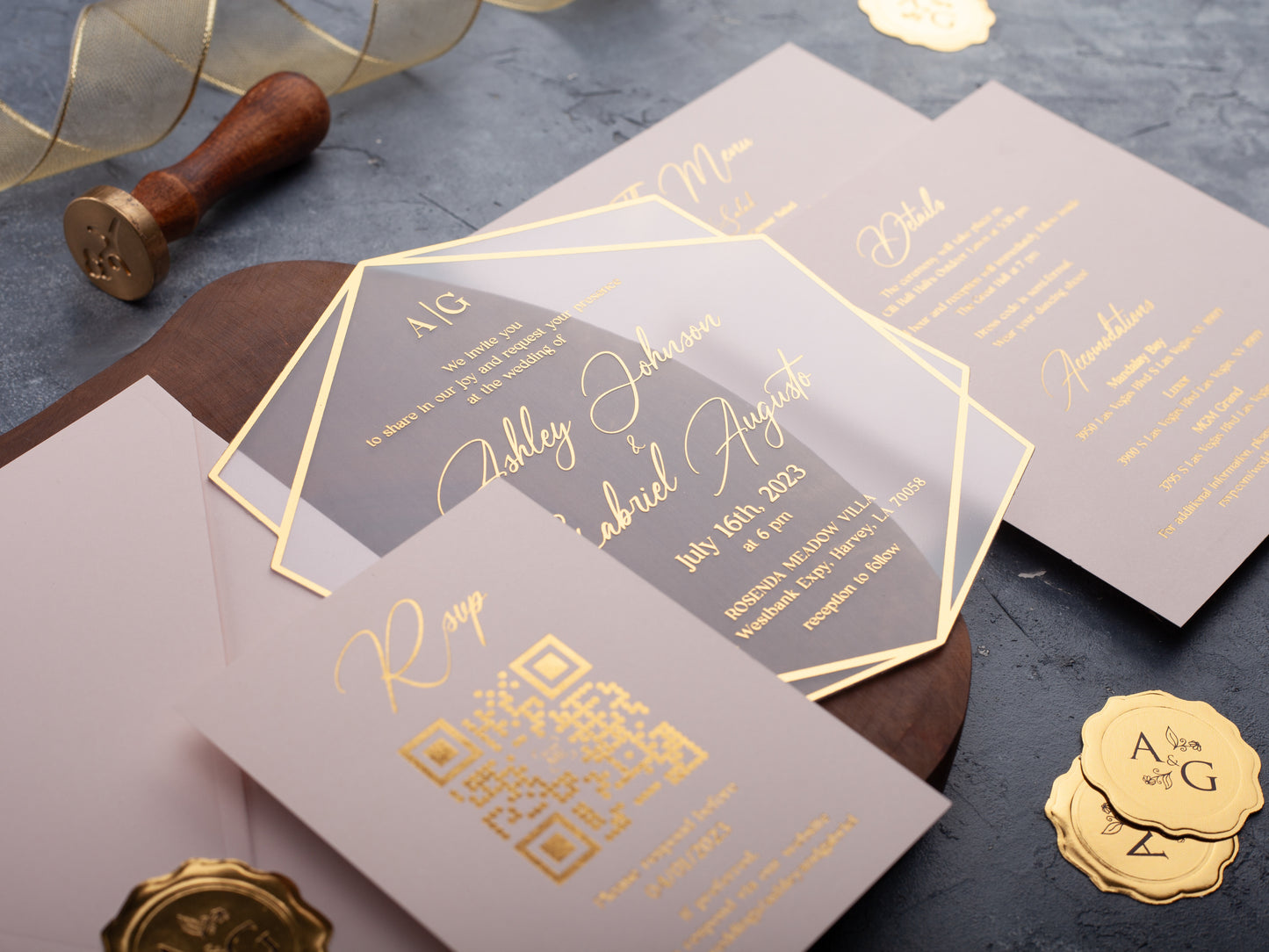 Wedding Invitations with Gold Foil Invites, Blush Pink Envelope