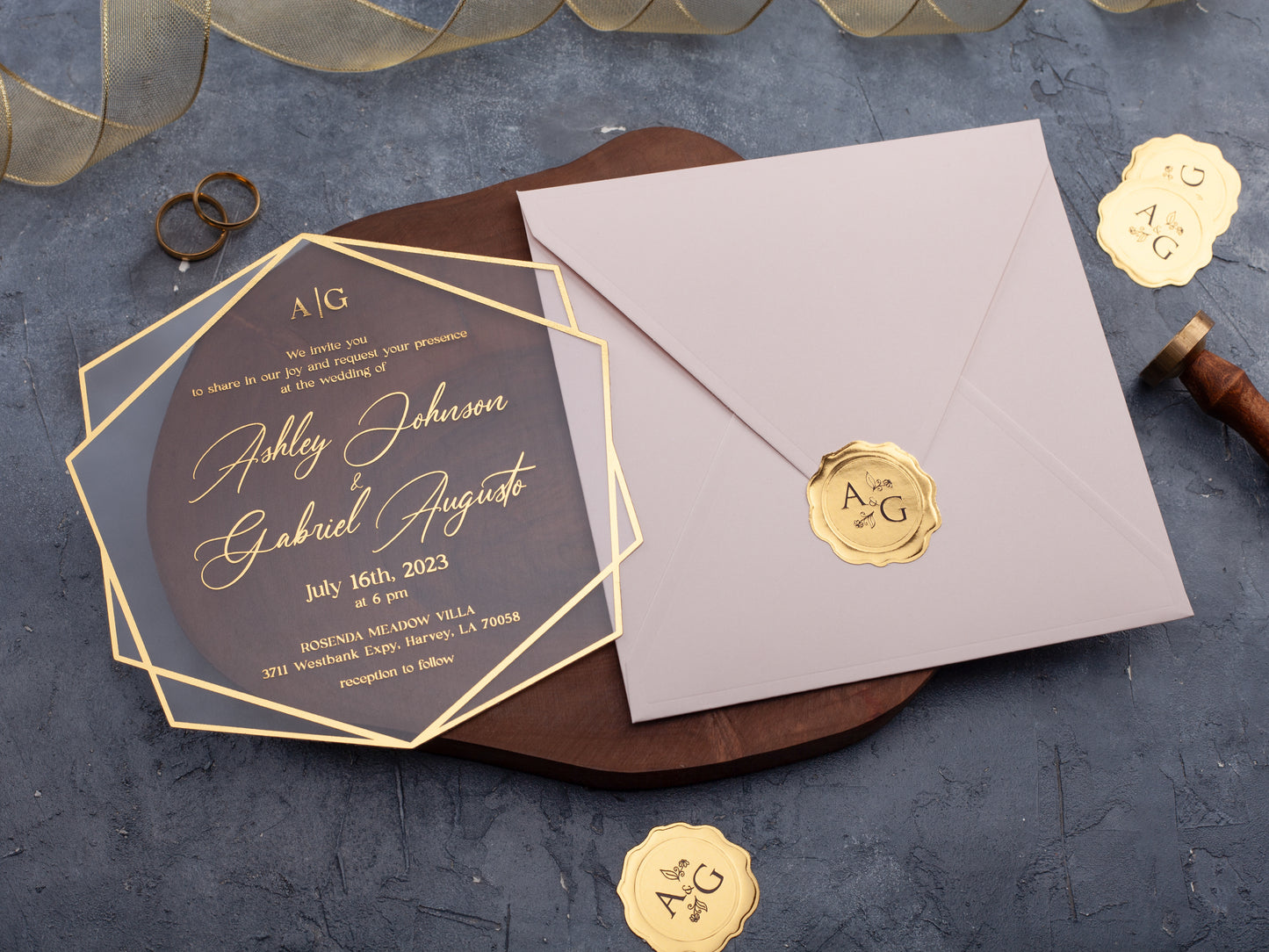 Wedding Invitations with Gold Foil Invites, Blush Pink Envelope