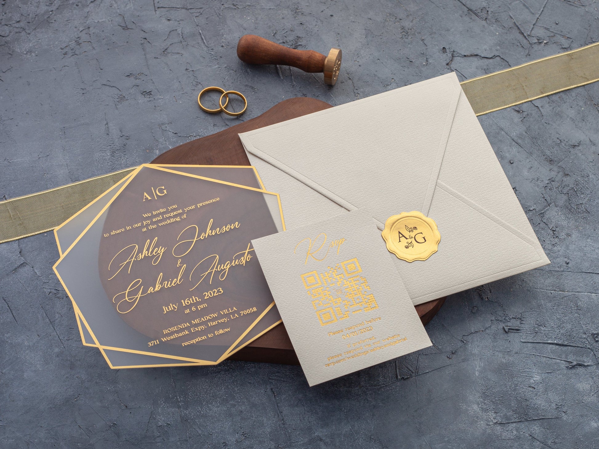 Ivory and Gold Acrylic Wedding Invitation