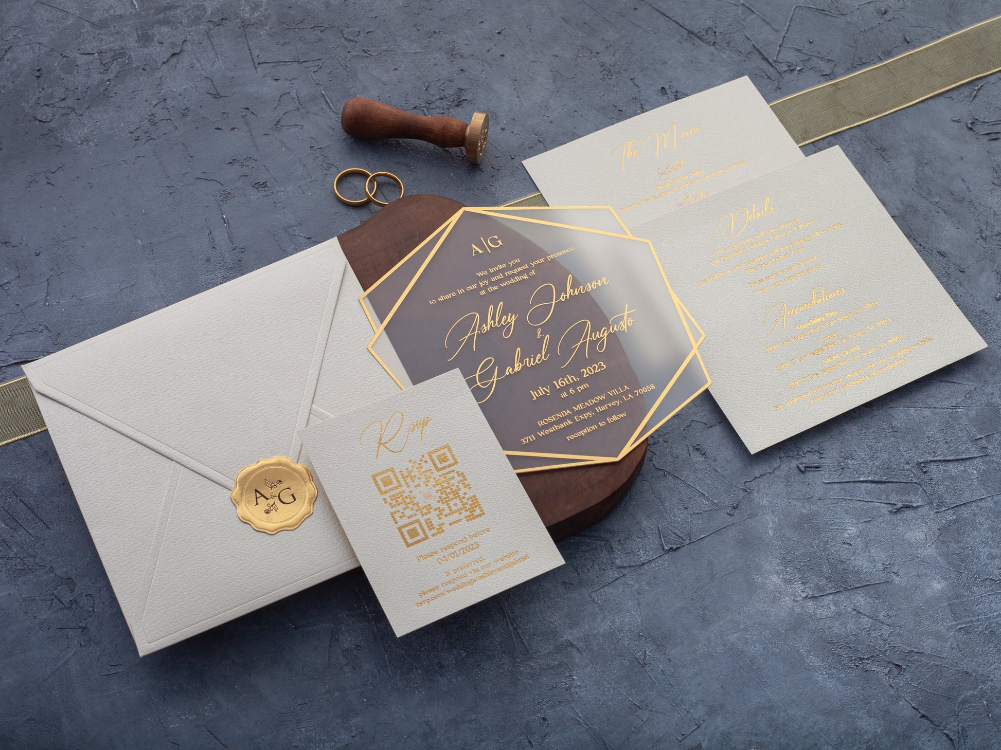 Ivory and Gold Acrylic Wedding Invitation