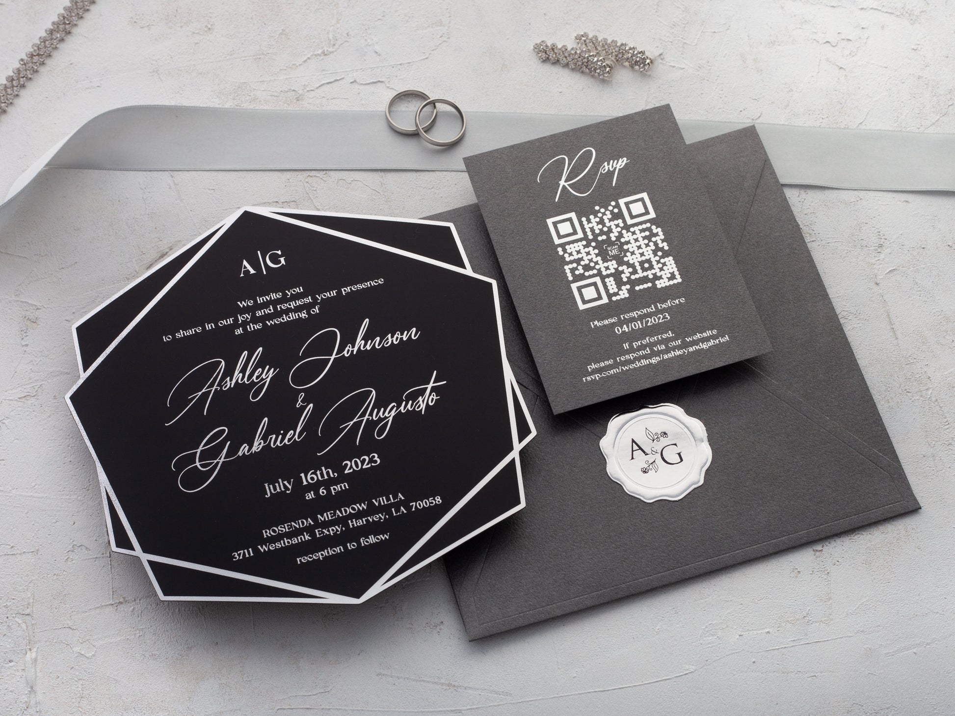 Black Acrylic Wedding Invitation | Black and Silver Foil Acrylic Invite