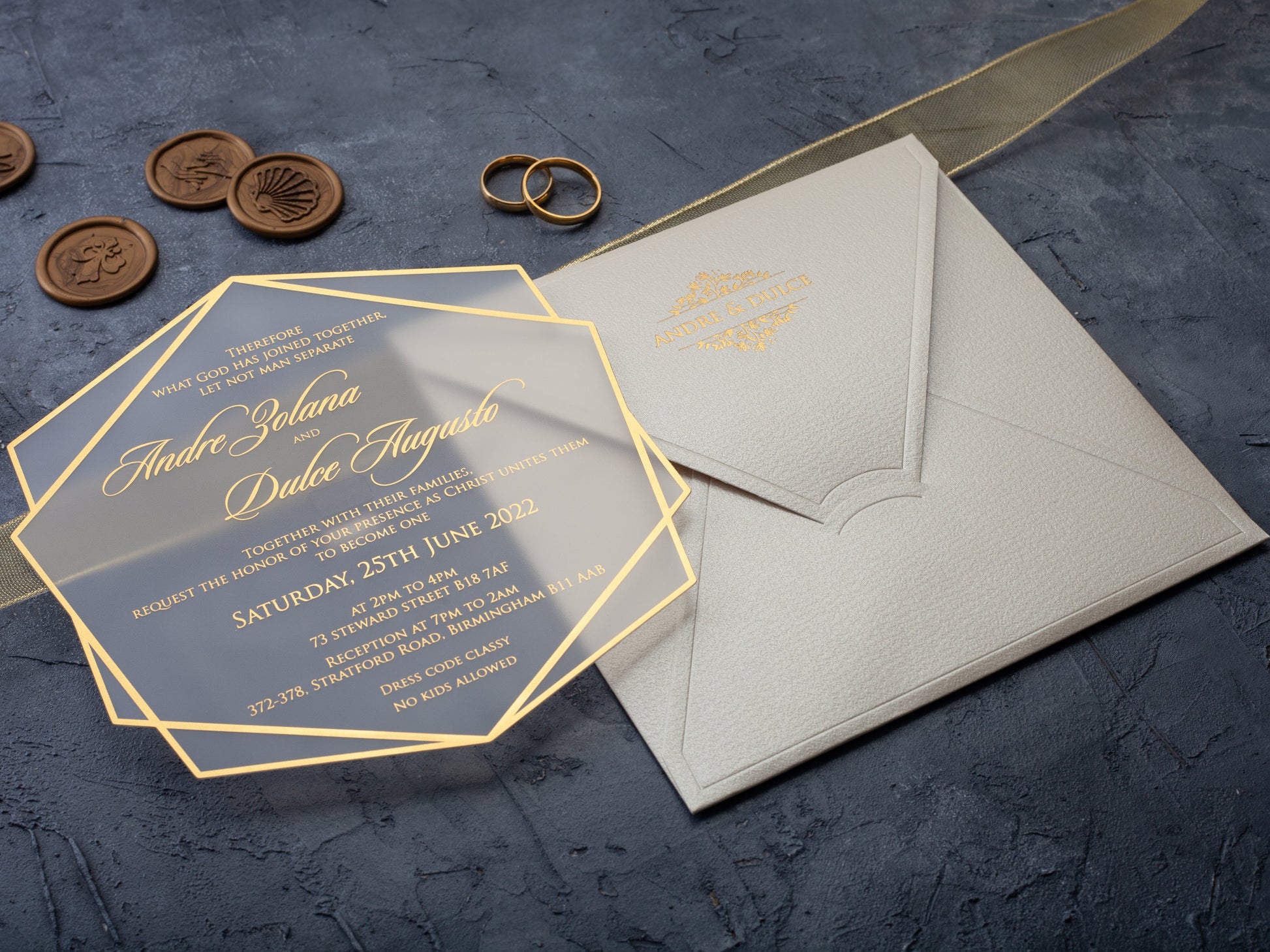 Gold Foil Printed Acrylic Wedding Invitation and Ivory Envelope with Monogram