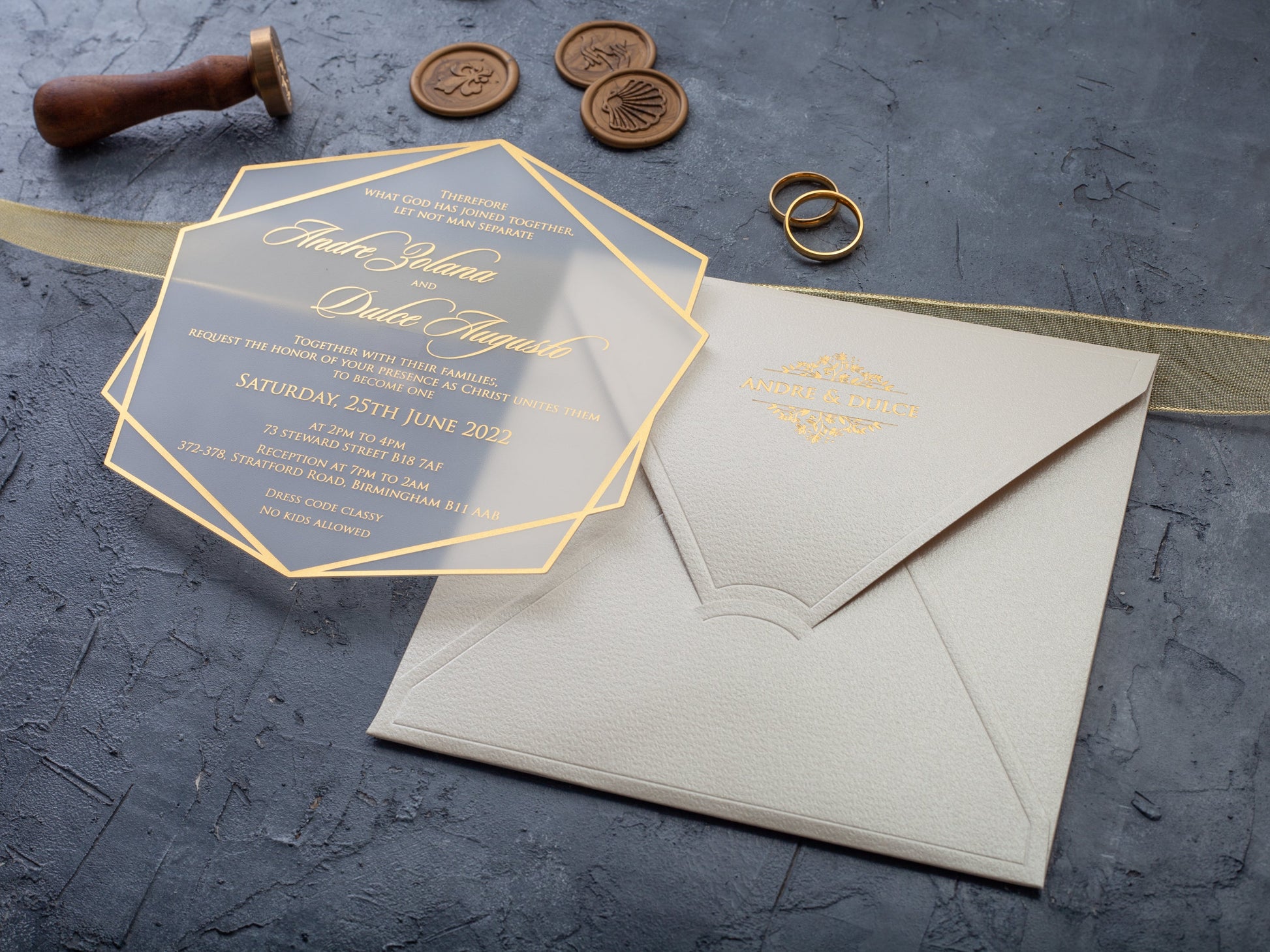 Gold Foil Printed Acrylic Wedding Invitation and Ivory Envelope with Monogram