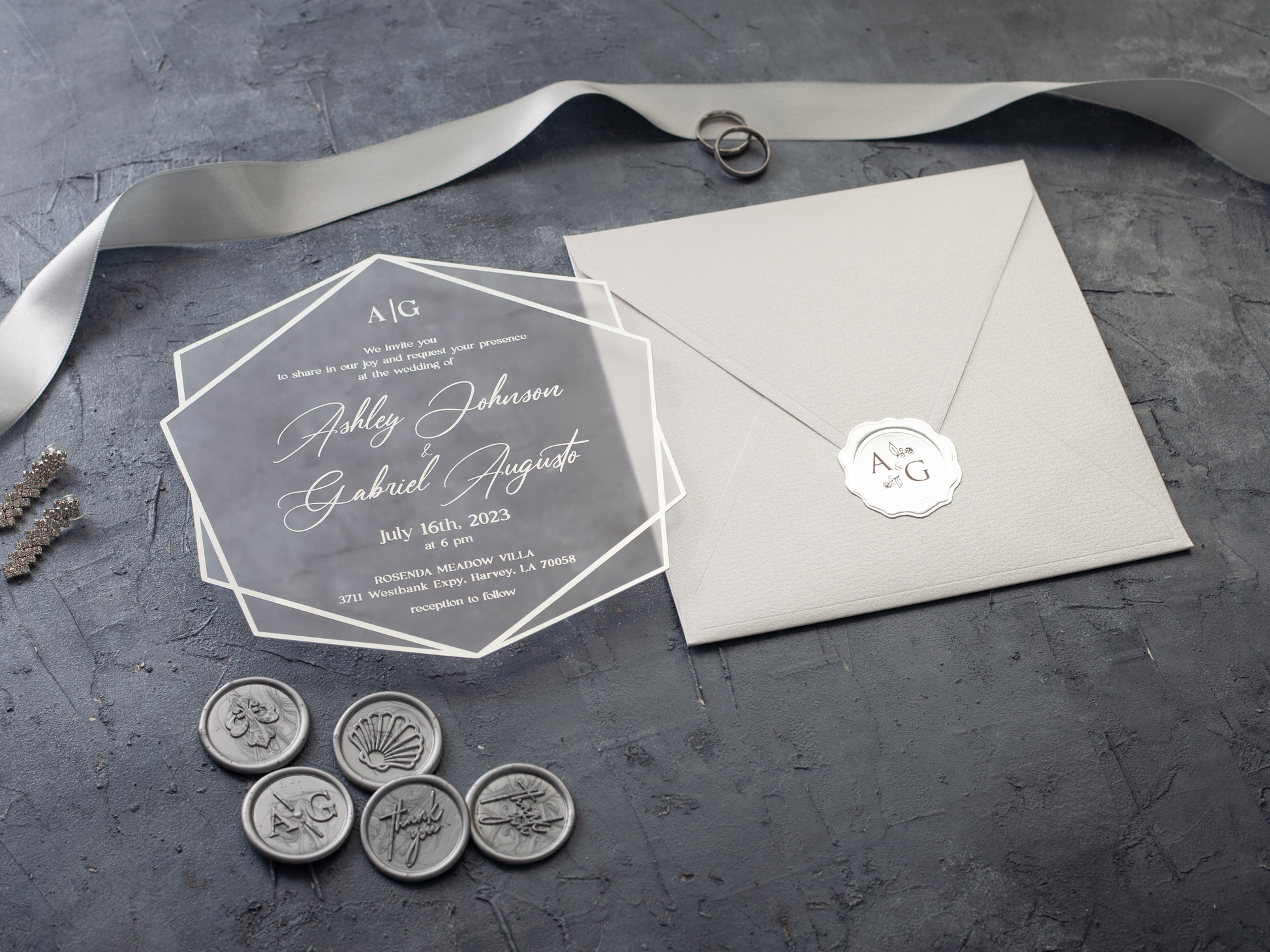 Silver foil Acrylic Invitation Set with White Envelope