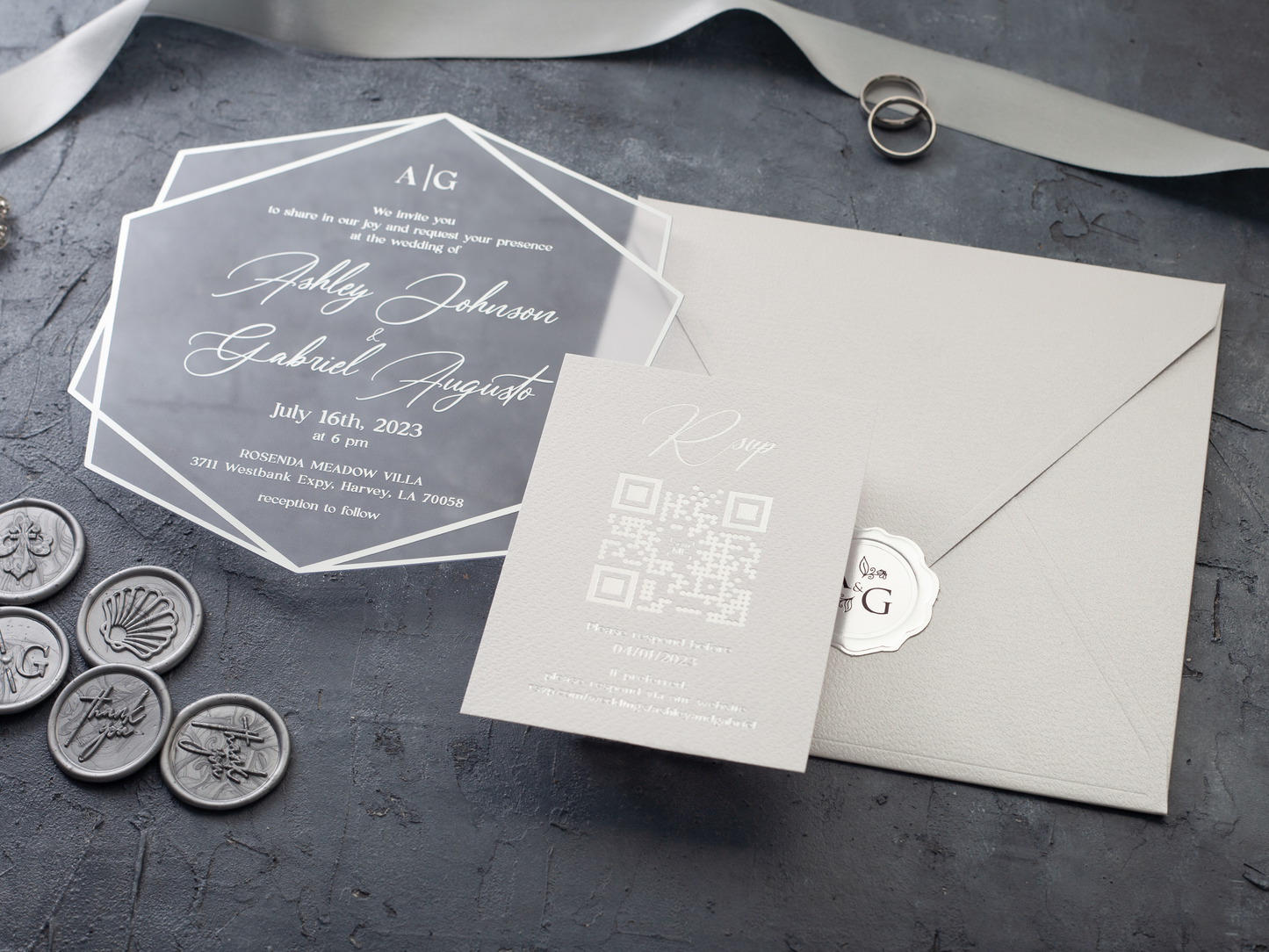 Silver foil Acrylic Invitation Set with White Envelope