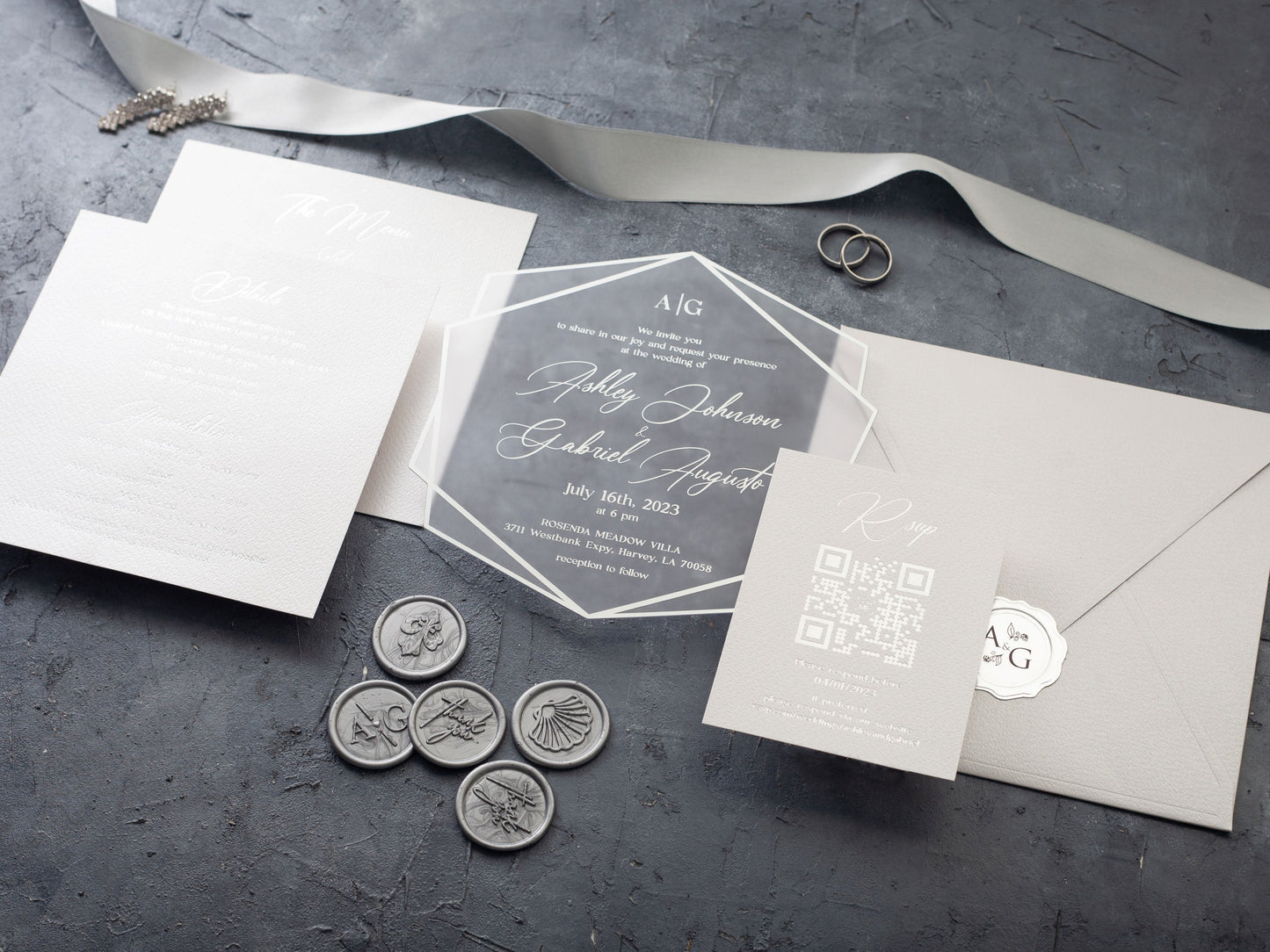 Silver foil Acrylic Invitation Set with White Envelope