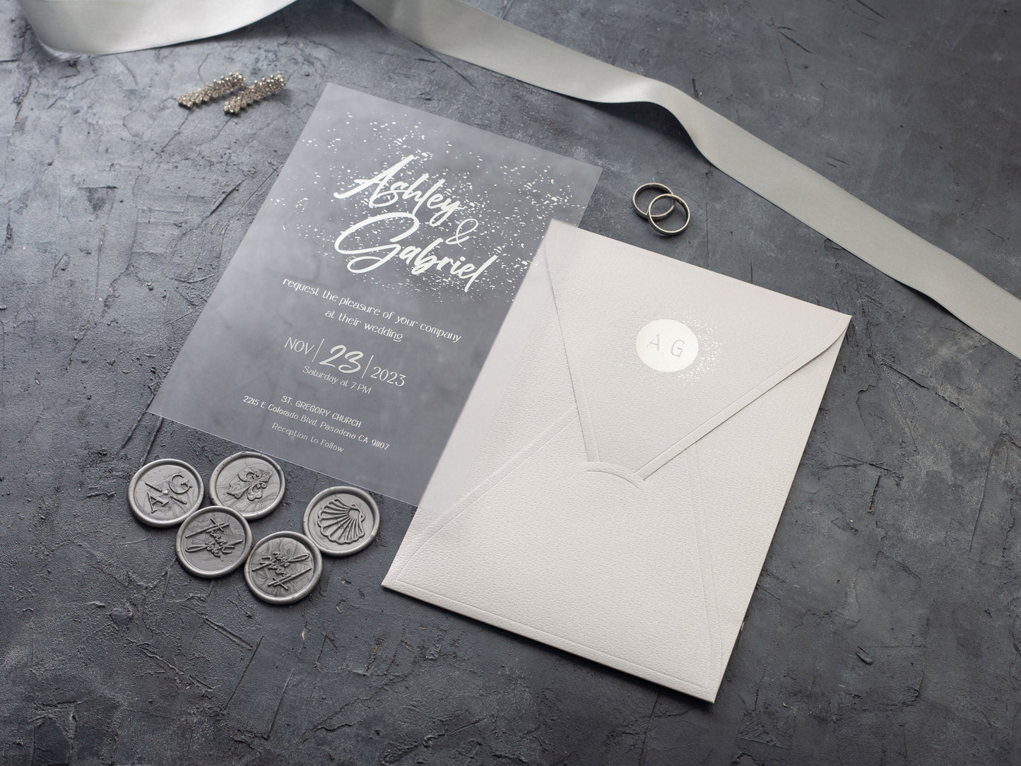 Silver Foil Printing Acrylic Wedding Invitations with White Envelope