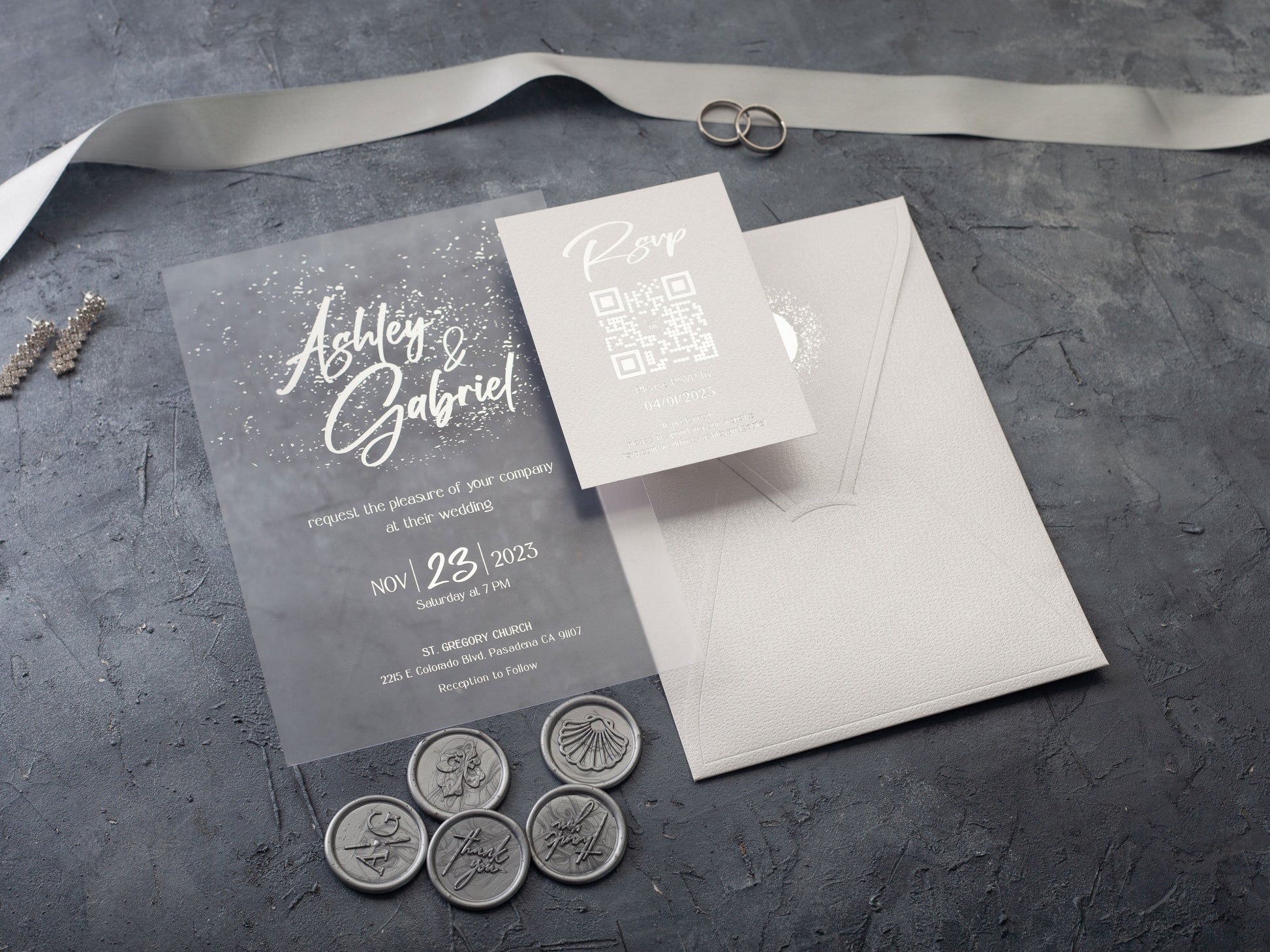 Silver Foil Printing Acrylic Wedding Invitations with White Envelope