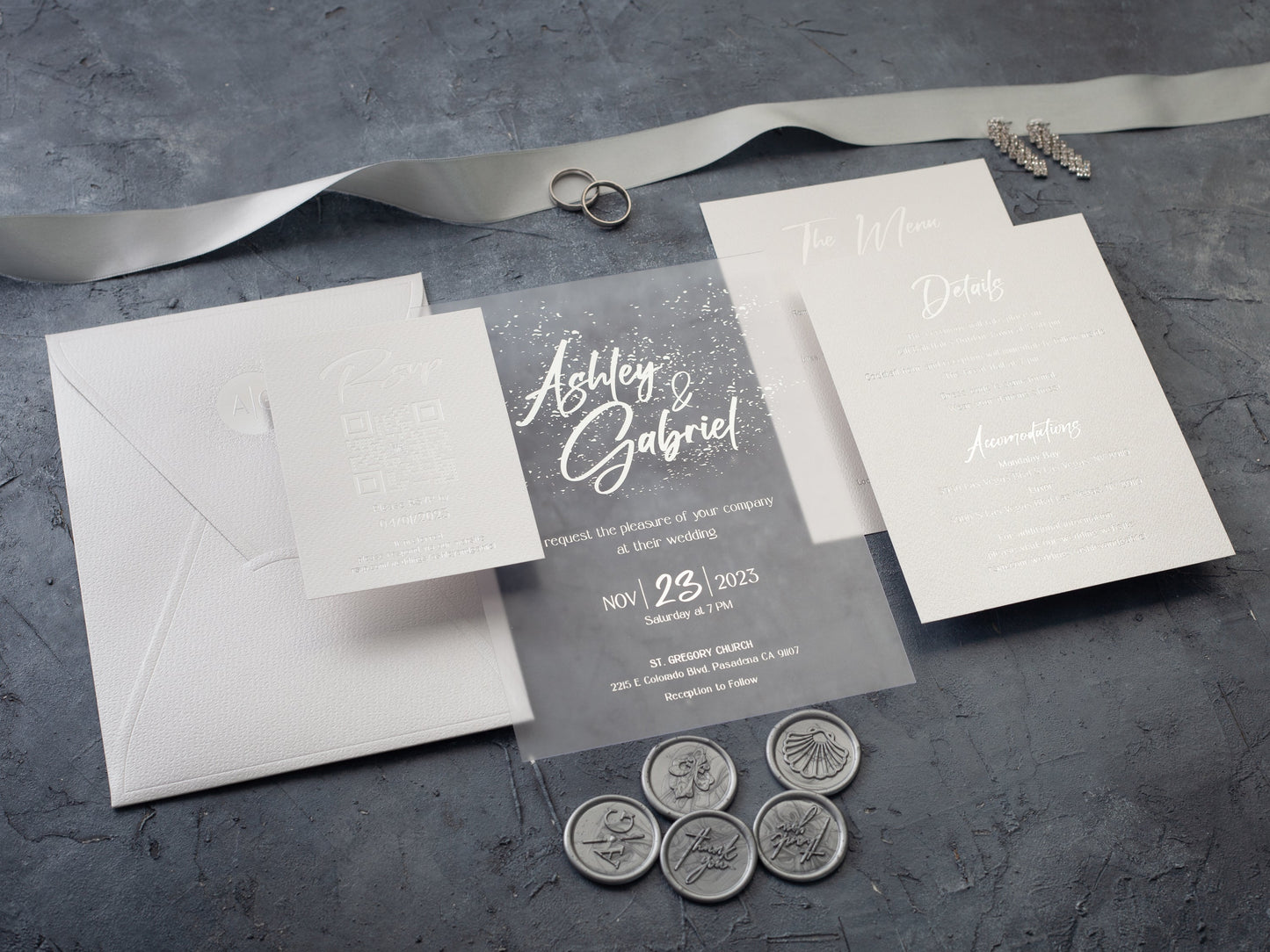 Silver Foil Printing Acrylic Wedding Invitations with White Envelope