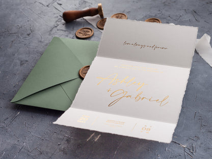 Vertical Deckled Edge Wedding Invitation | Handmade Trifold Wedding Invite