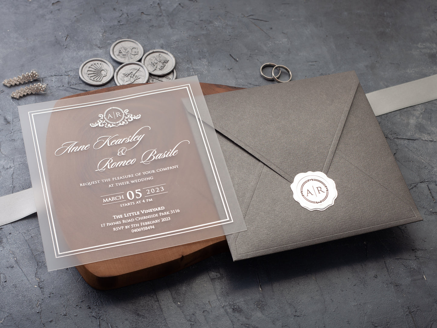 Elegant Gray Acrylic Wedding Invitations with Silver Foil Adornments