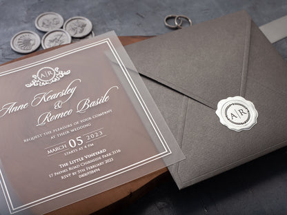 Elegant Gray Acrylic Wedding Invitations with Silver Foil Adornments