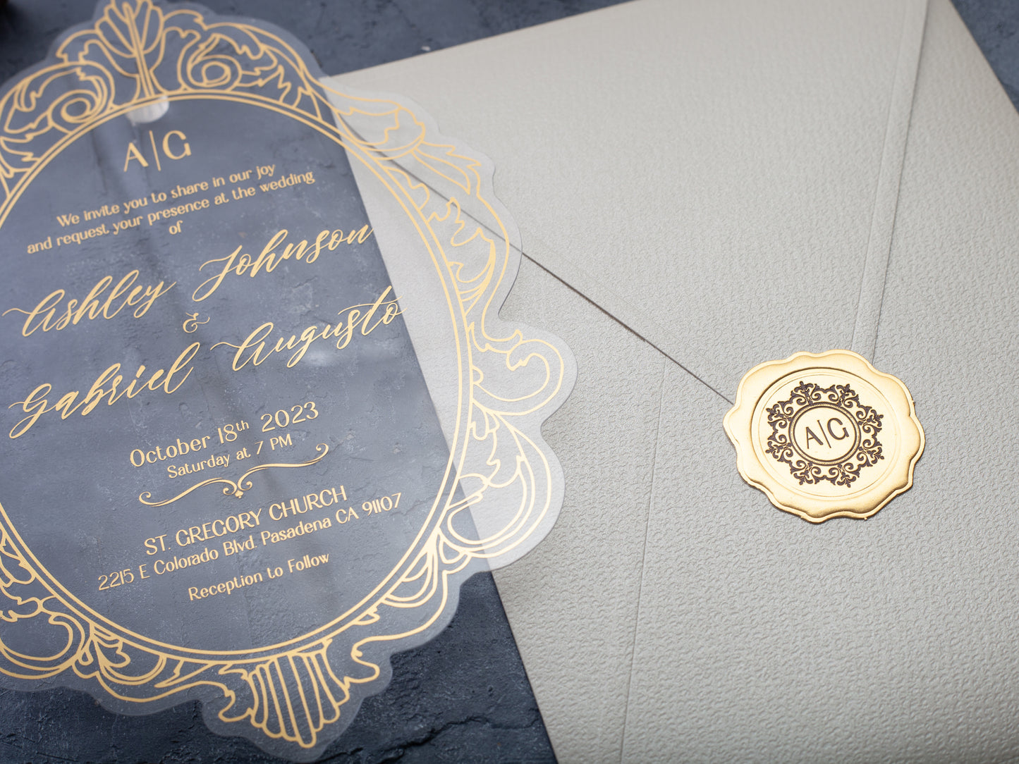 Acrylic Wedding Invitations with Gold Foil Printing