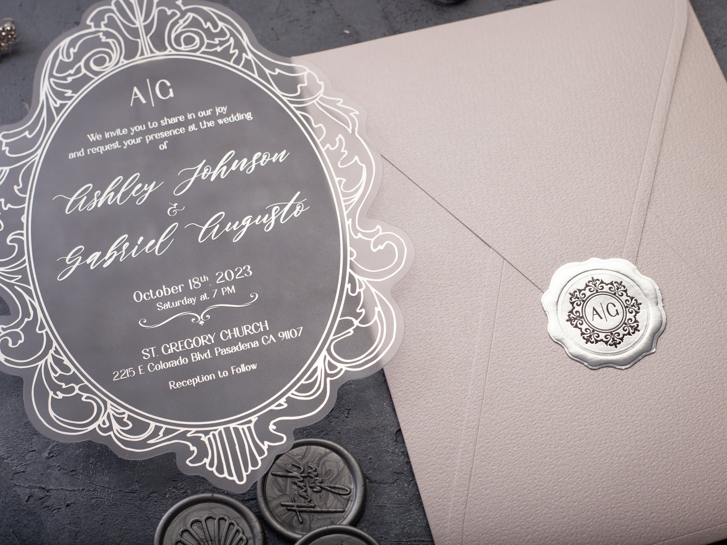 Blush Elegance: Acrylic Wedding Invitations with Silver Foil