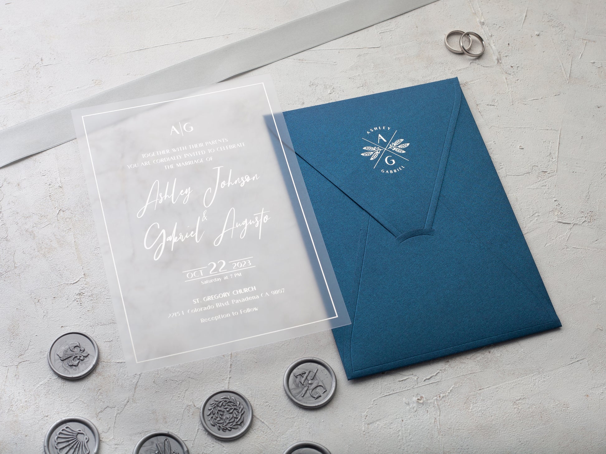 Silver Foiled Acrylic Wedding Invitations with Navy Blue Envelopes