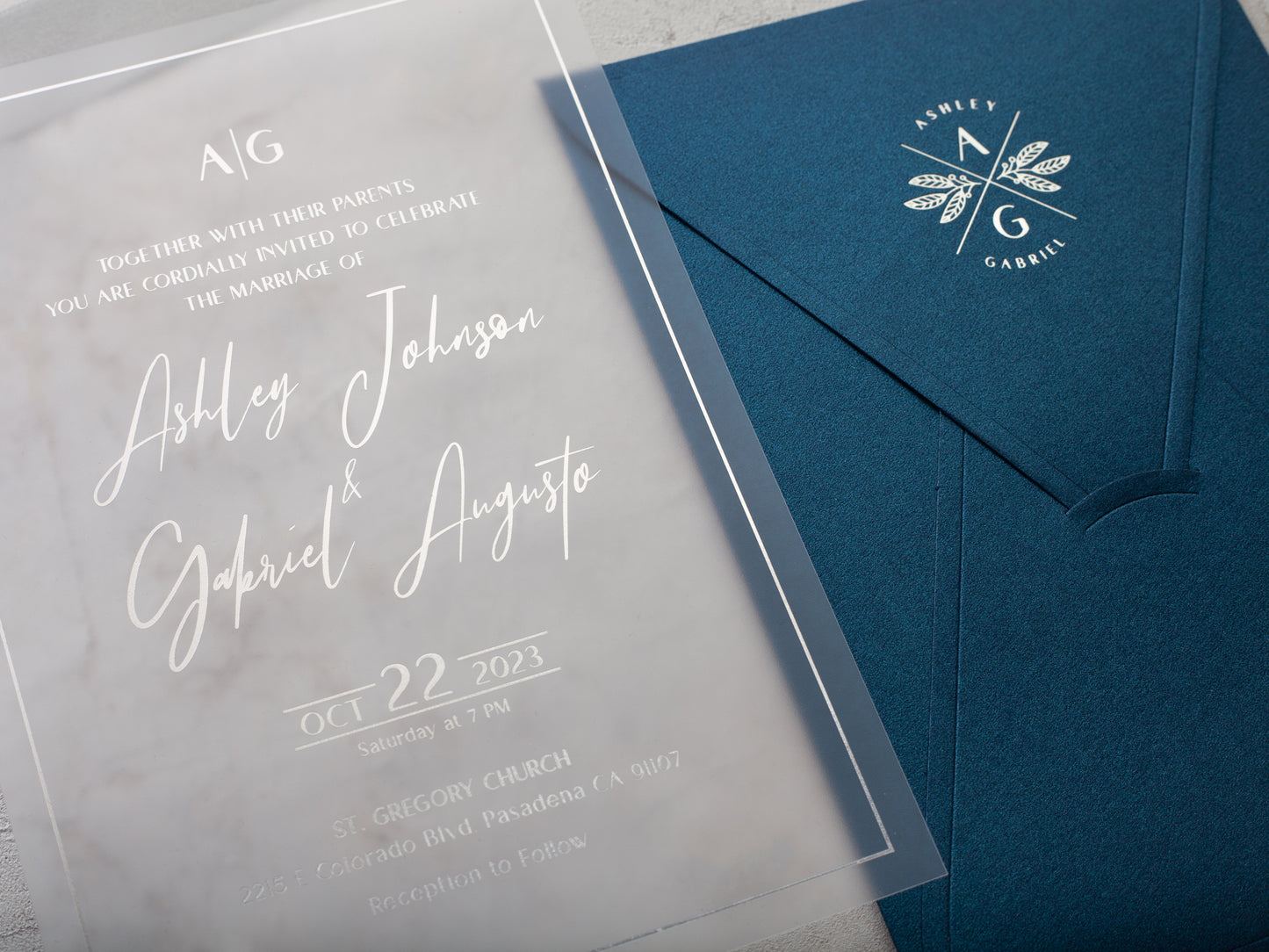 Silver Foiled Acrylic Wedding Invitations with Navy Blue Envelopes