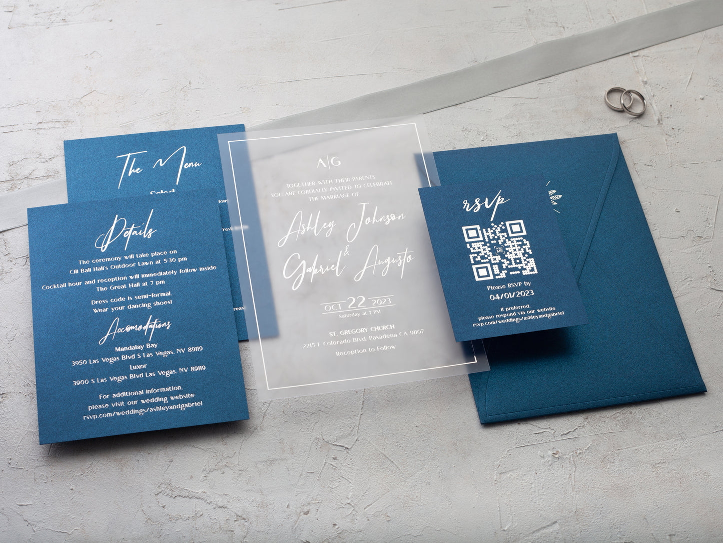 Silver Foiled Acrylic Wedding Invitations with Navy Blue Envelopes