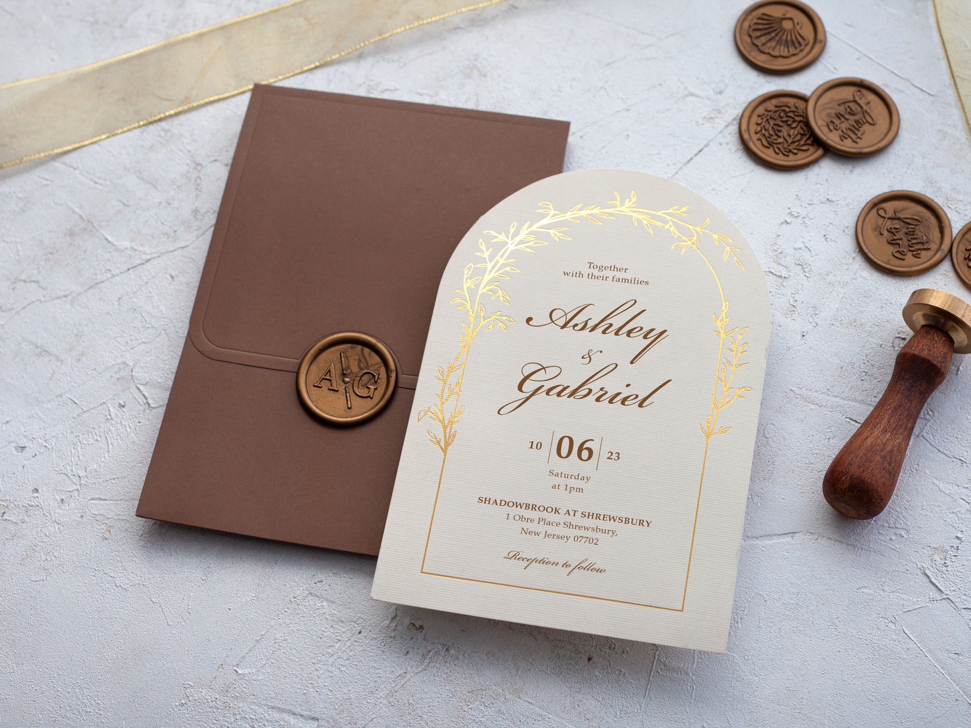 Ivory and Gold Foil Arch Wedding Invitations