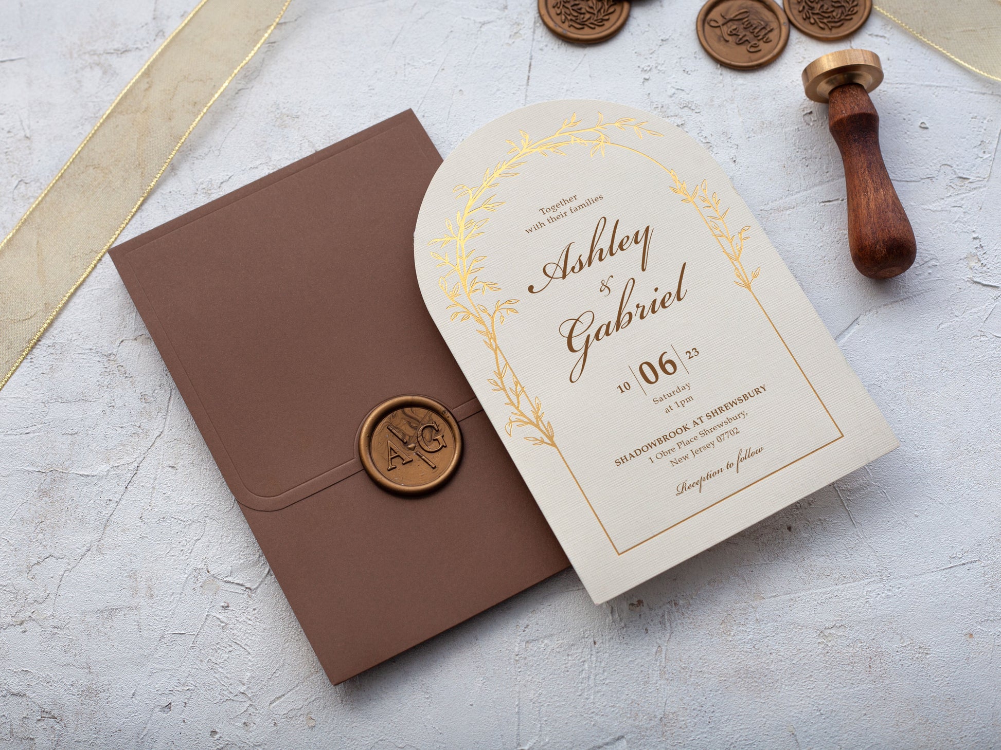 Ivory and Gold Foil Arch Wedding Invitations