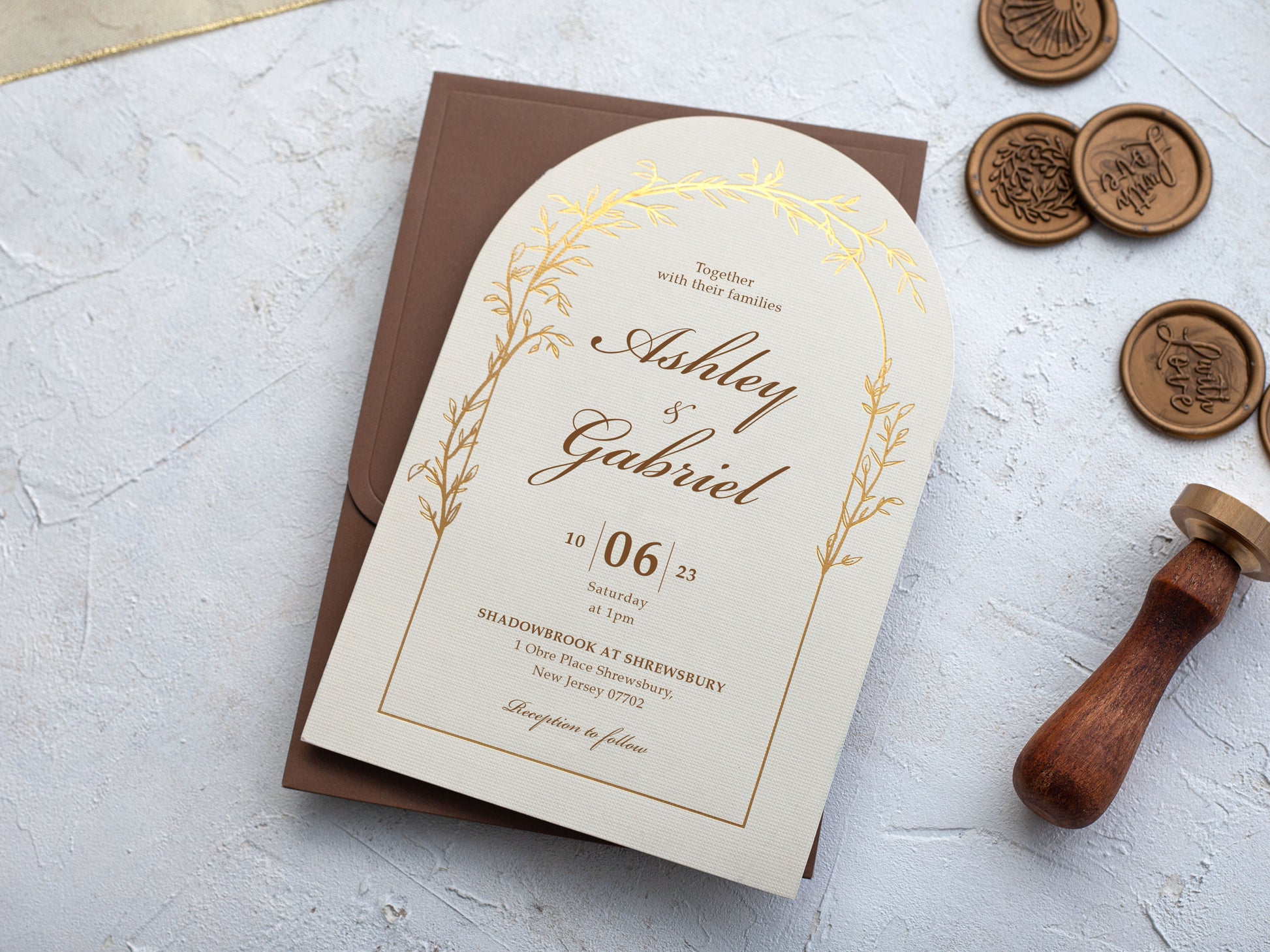 Ivory and Gold Foil Arch Wedding Invitations