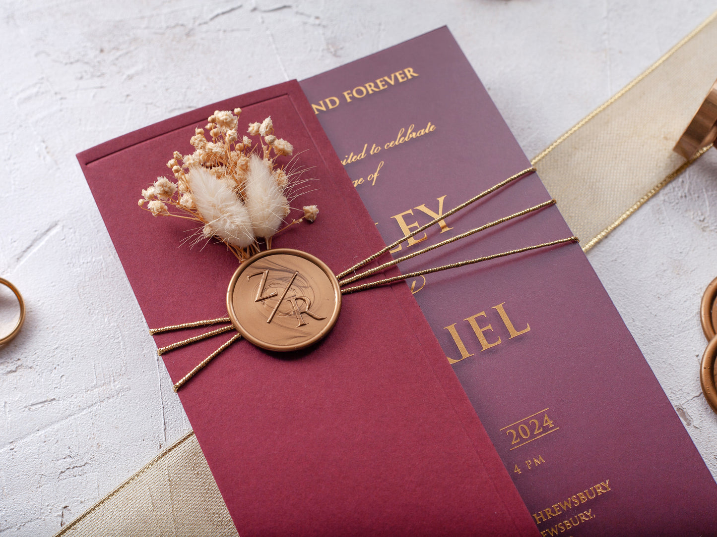 Burgundy and Gold Acrylic Wedding Invitations with Box