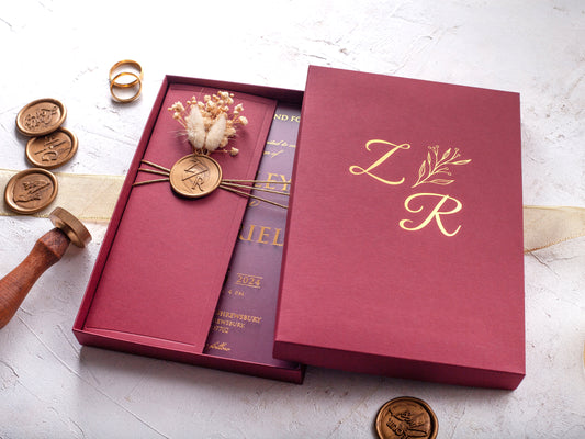 Burgundy and Gold Acrylic Wedding Invitations with Box