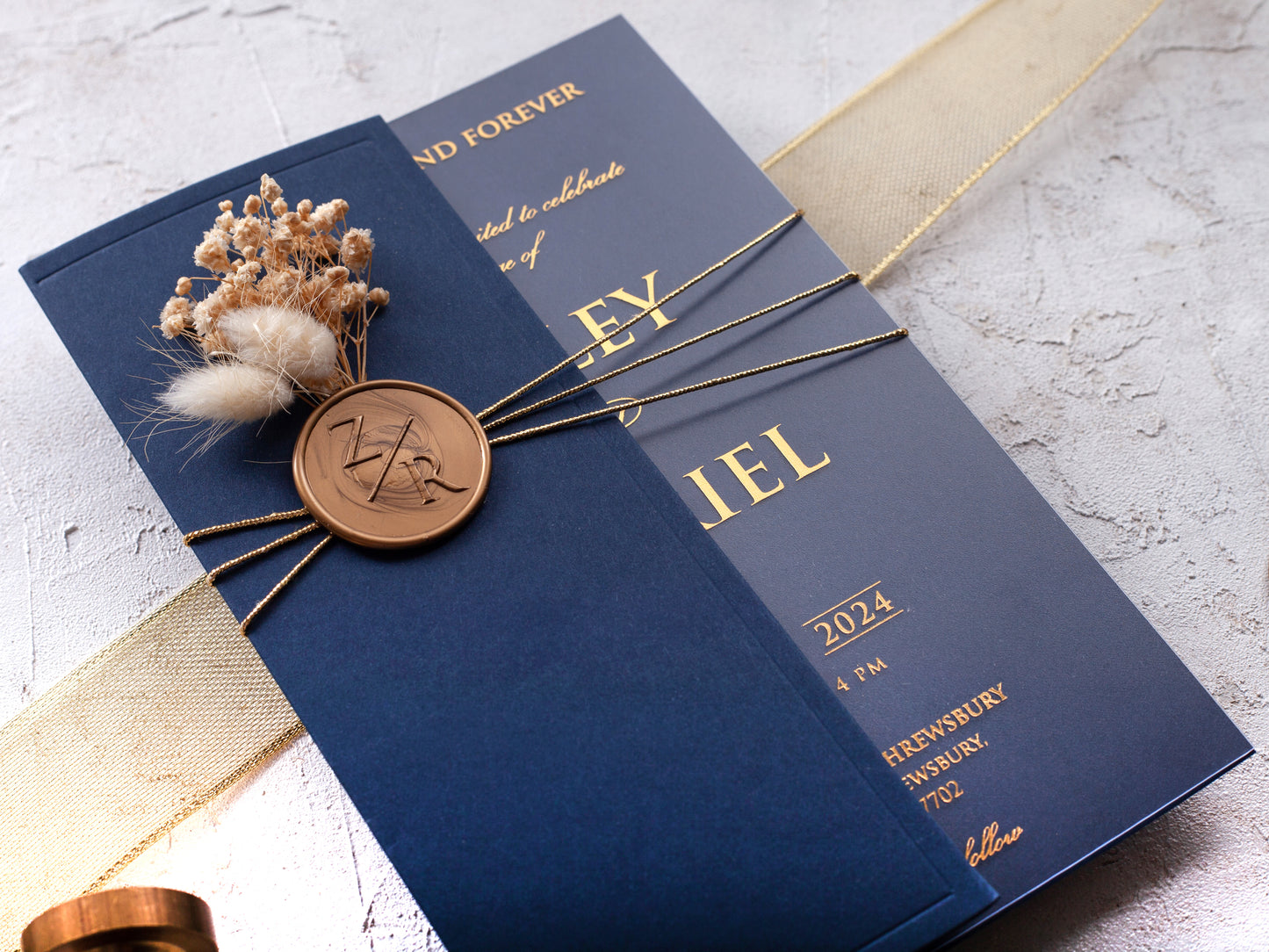 Navy Blue and Gold Acrylic Wedding Invitations