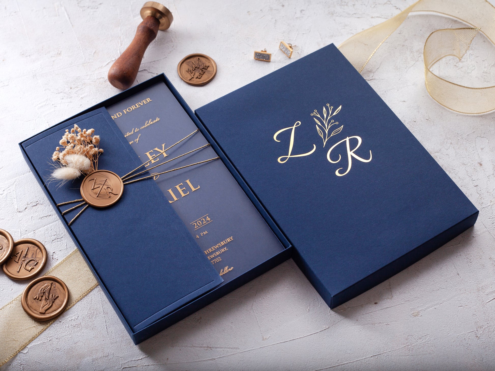 Navy Blue and Gold Acrylic Wedding Invitations