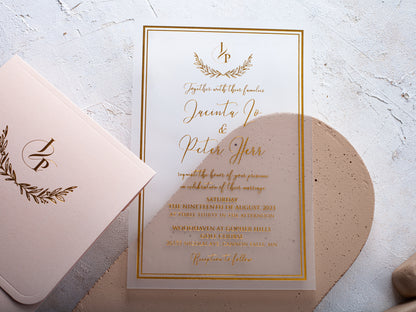 Enchanting Blush Pink Acrylic Wedding Invitations with Gold Foil