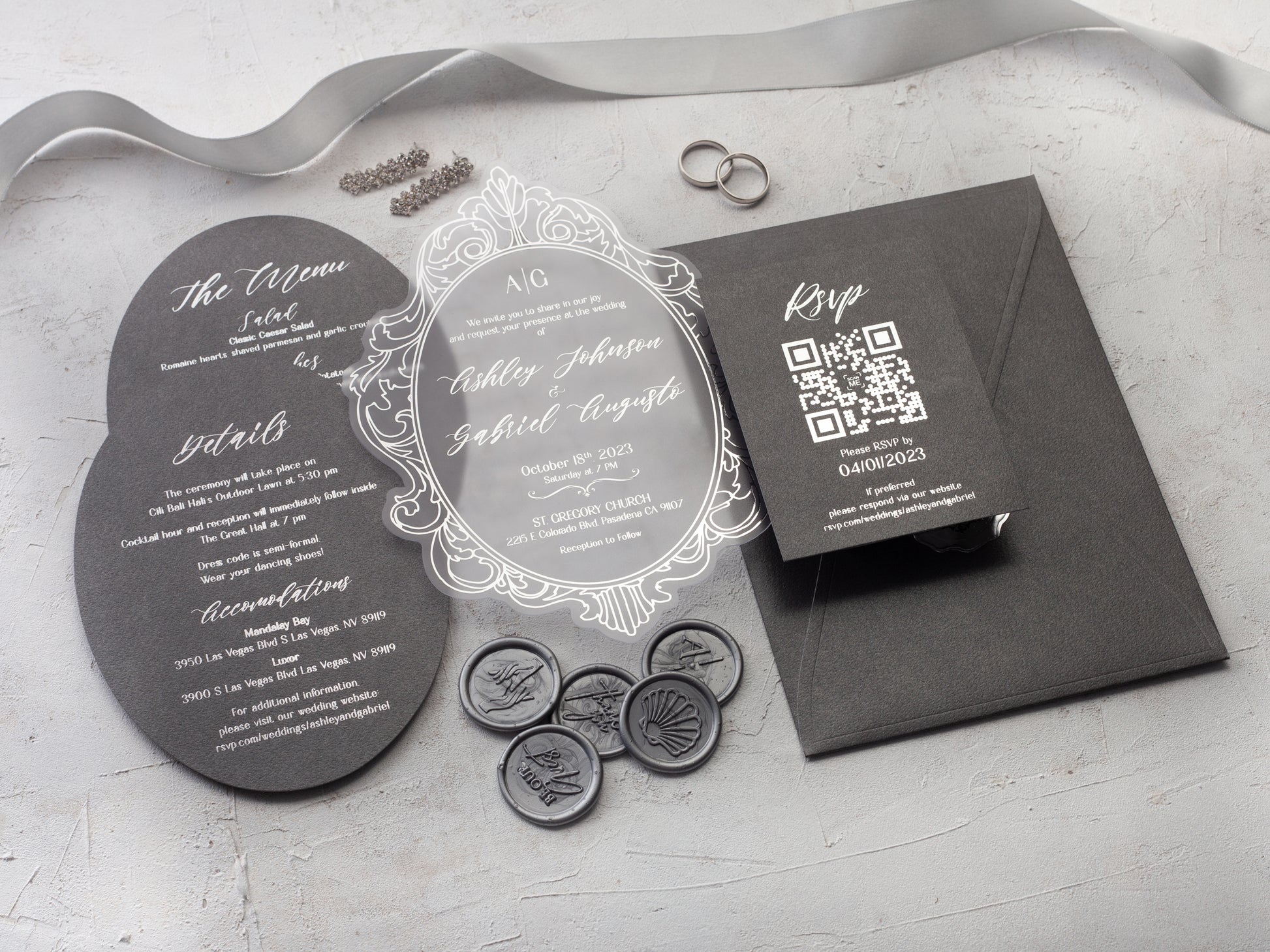 Gray Acrylic Wedding Invitations with Silver Foil