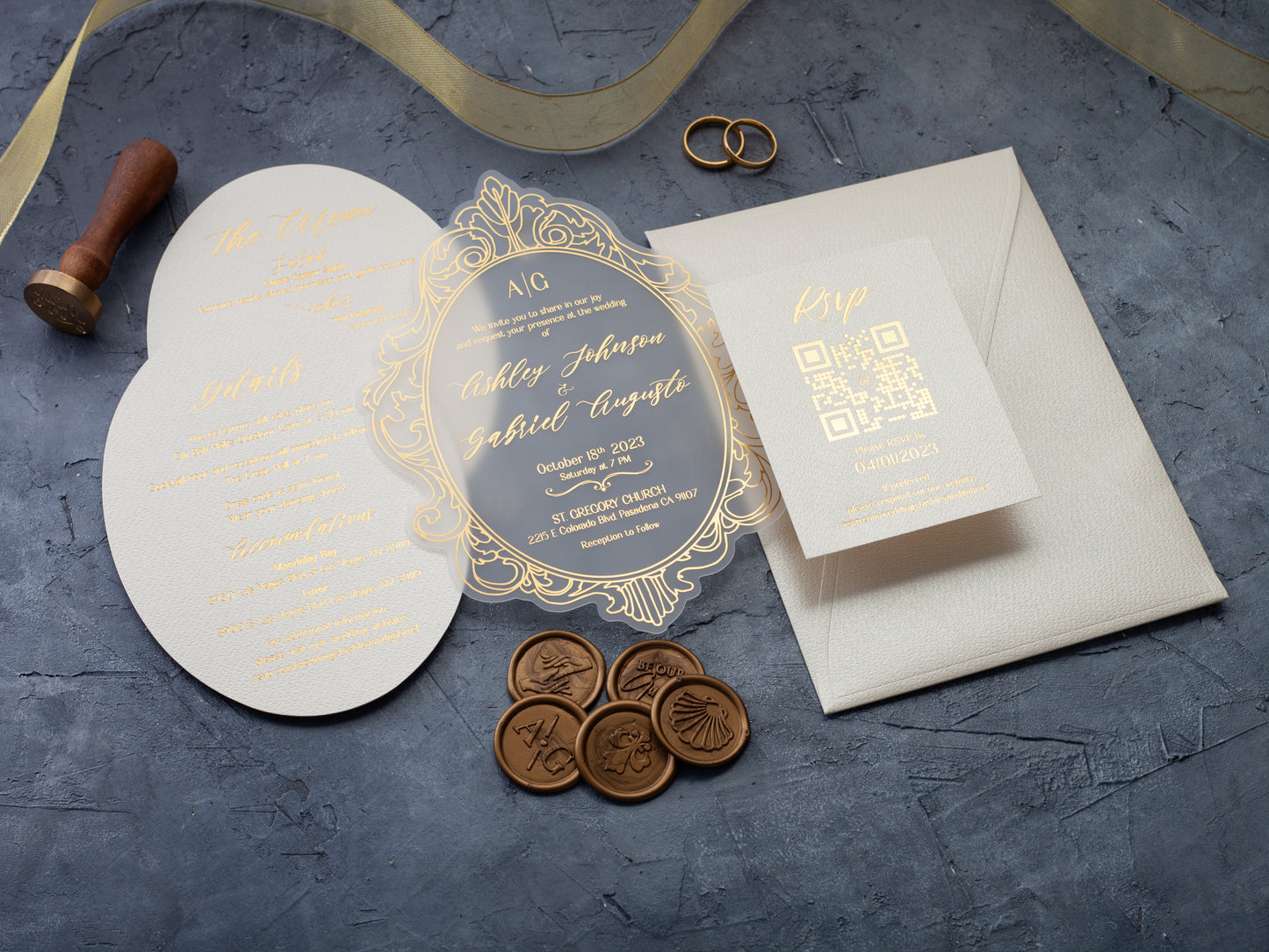 Acrylic Wedding Invitations with Gold Foil Printing