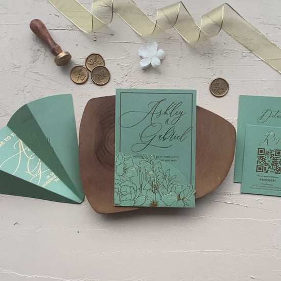 Acrylic wedding invitation with gold foil floral design and matching sage envelope Set