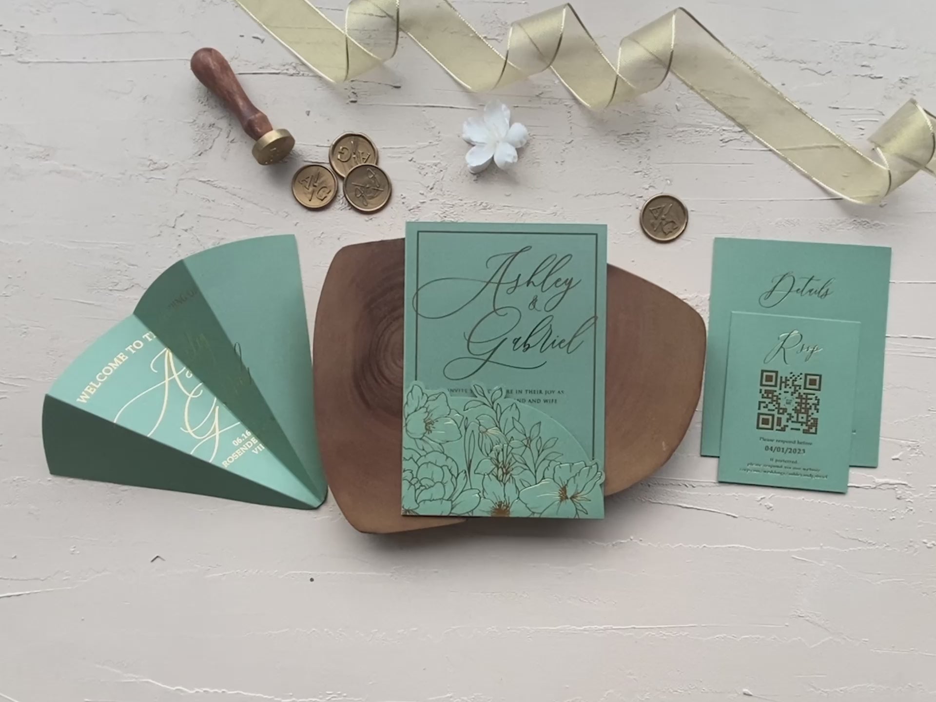 Acrylic wedding invitation with gold foil floral design and matching sage envelope Set