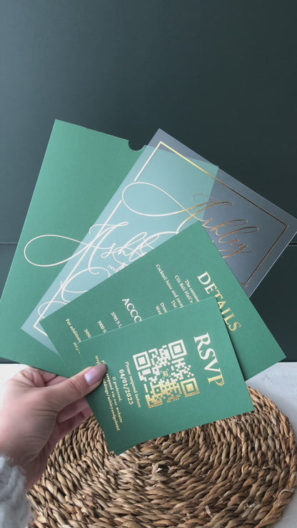 Emerald Green Acrylic Wedding Invitation with Gold Foil Printed