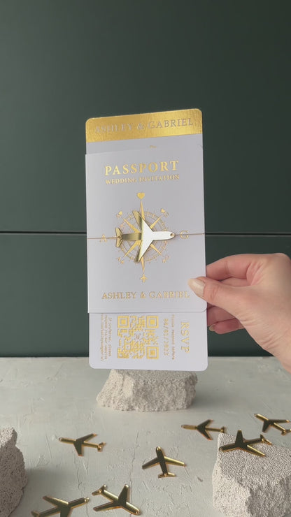 White Passport Wedding Invitations with Gold Foil | Acrylic Plane Accessory