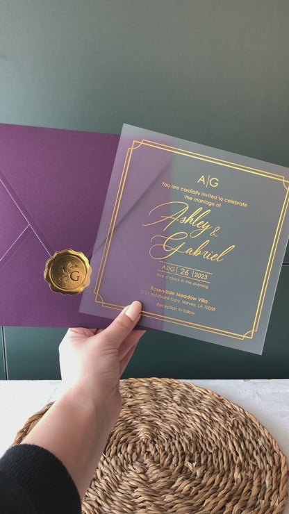 Gold Foiled Acrylic Wedding Invitations with Purple Envelopes