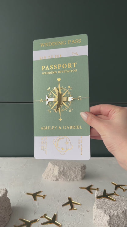 Sage Green Passport Wedding Invitations with Gold Foil | Acrylic Plane Accessory