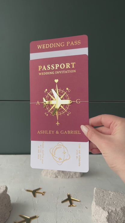 Luxury Passport Wedding Invitation with Gold Foil Boarding Pass and Acrylic Plane