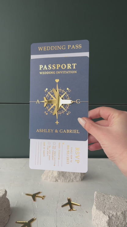 Navy Blue Boarding Pass Wedding Invitations with Gold Accents